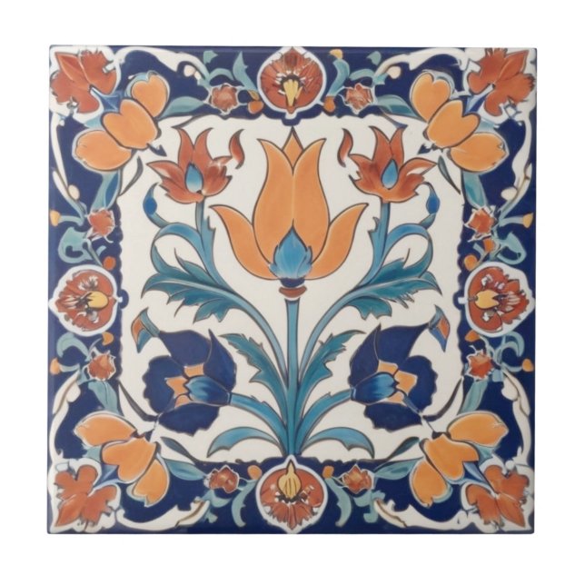 Turkish Ornate Floral Blue Orange Green Flowers Ceramic Tile (Front)