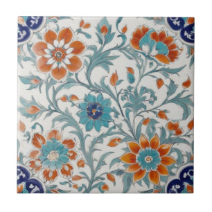Turkish Ottoman Floral Blue Orange Green Flowers Ceramic Tile