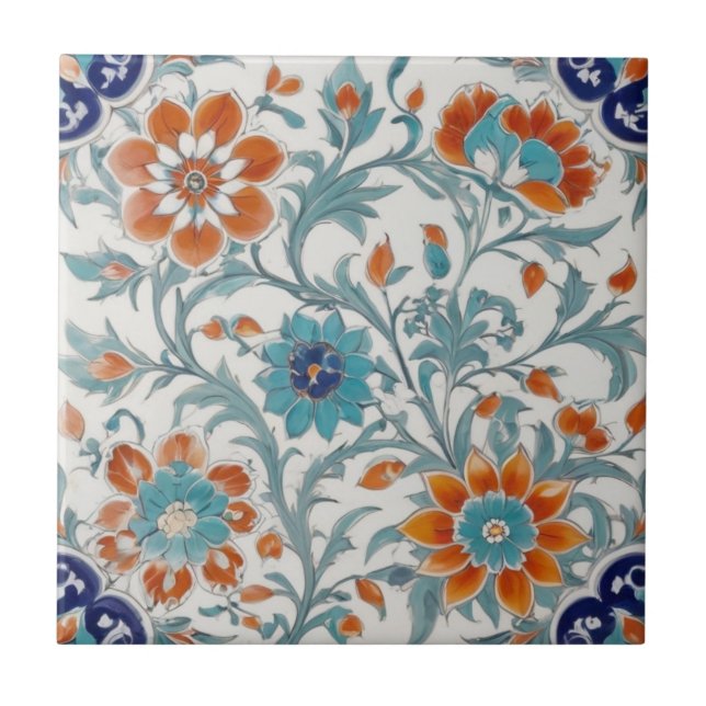Turkish Ottoman Floral Blue Orange Green Flowers Ceramic Tile (Front)