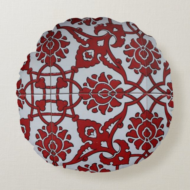 Turkish Red Ceramic Floral Round Cushion (Front)