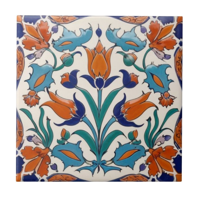 Turkish Tulips Floral Blue Orange Green Flowers Ceramic Tile (Front)