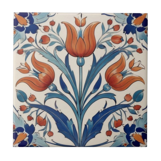 Turkish Tulips Floral Orange Green Iznik Flowers Ceramic Tile (Front)