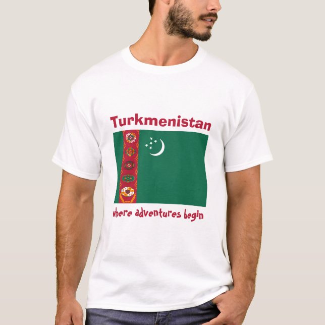 Turkmenistan Flag + Map + Text T-Shirt (Front)