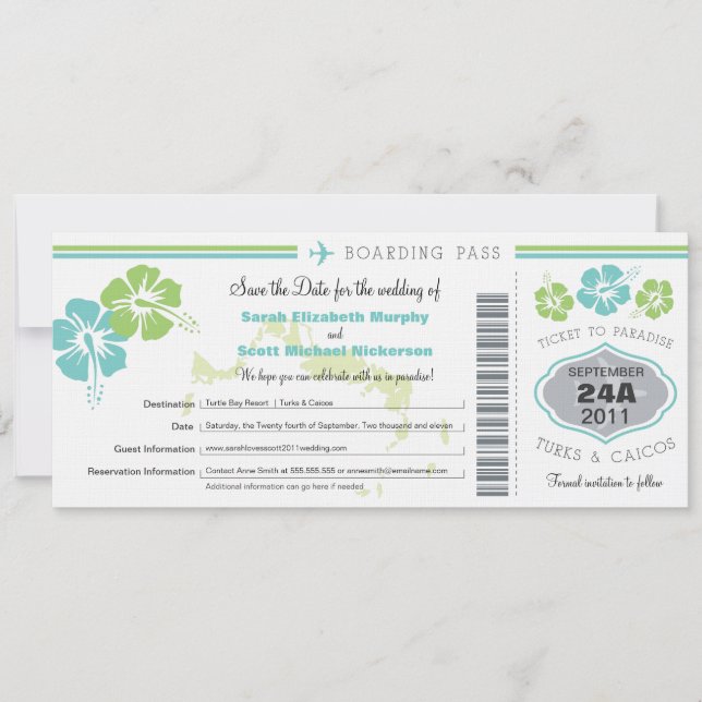 Turks & Caico Save the Date Boarding Pass (Front)