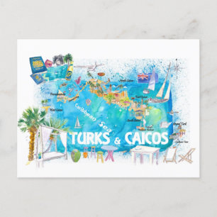 Turks & Caicos Antilles Illustrated Travel Map  Postcard