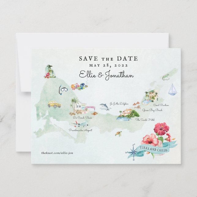 Turks & Caicos | Destination Wedding Itinerary Map Save The Date (Front)