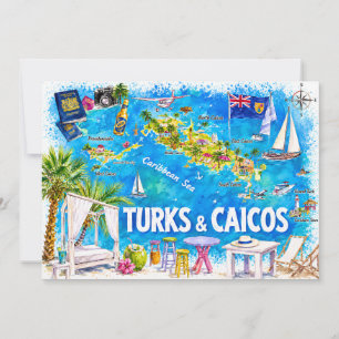 Turks & Caicos Illustrated Island Map Postcard