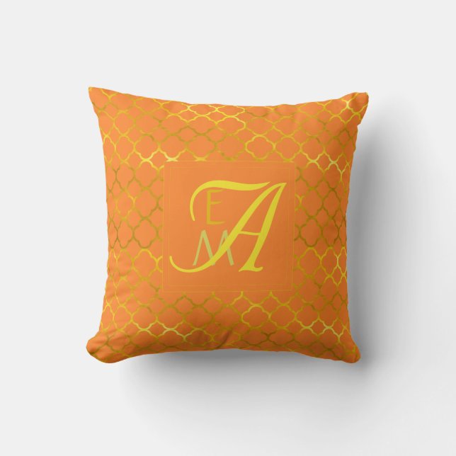 Turmeric Orange Quatrefoil MONOGRAM Gold Wedding Cushion (Front)