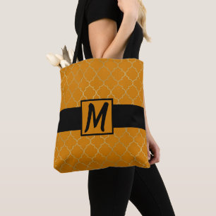 Turmeric Yellow & Gold Quatrefoil Monogrammed Tote Bag
