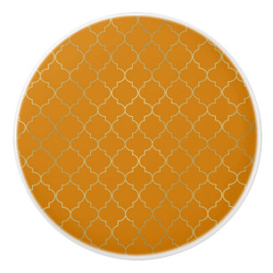 Turmeric Yellow & Gold Quatrefoil Pattern Ceramic Knob