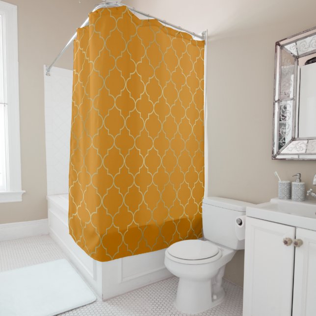 Turmeric Yellow & Gold Quatrefoil Pattern Shower Curtain (In Situ)