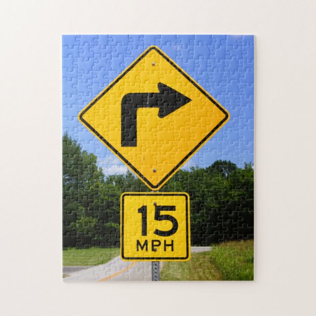 Turn and Speed Advisory Road Signs Jigsaw Puzzle (Vertical)