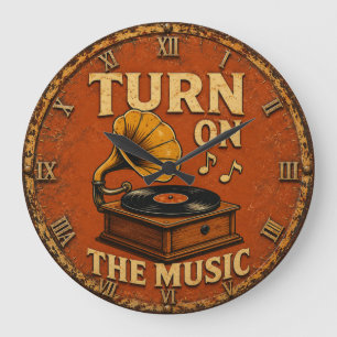 Turn On The Music Vintage Gramophon Large Clock