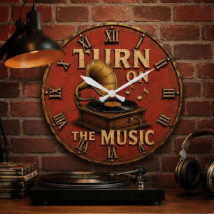Turn On the Music Vintage Gramophone Record Player Large Clock