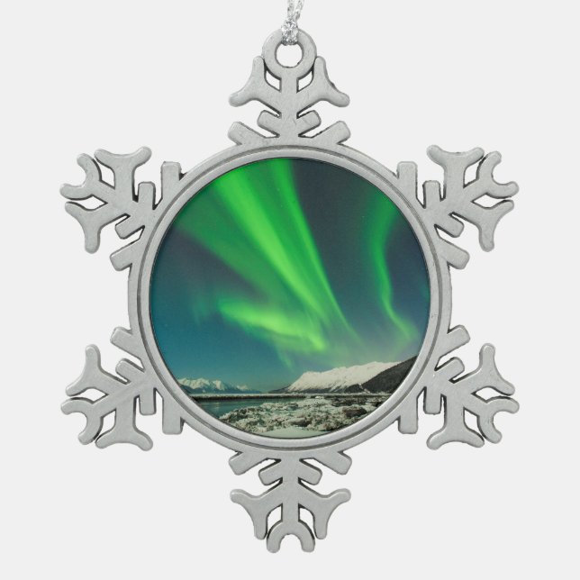 Turnagain Arm Aurora Snowflake Pewter Christmas Ornament (Front)
