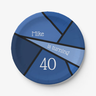 Turning 40 Modern Blue Geometric 40th Birthday Paper Plate