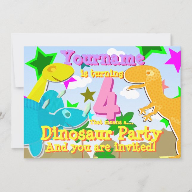 Turning 4 Cartoon Dinos Birthday Party Invitations (Front)