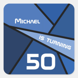 Turning 50 Blue Abstract Geometric 50th Birthday Square Sticker
