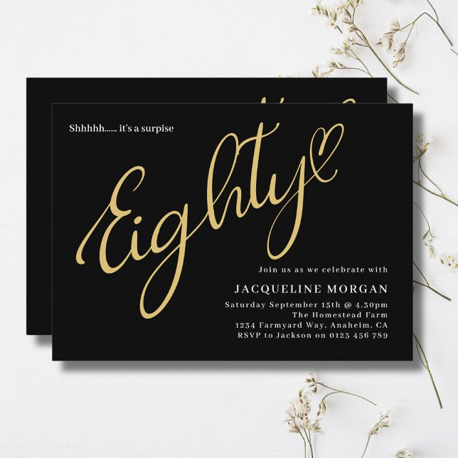 Turning 80 Black Gold 80th Birthday Invitation (80th birthday party invitation in black and gold on a light background.)