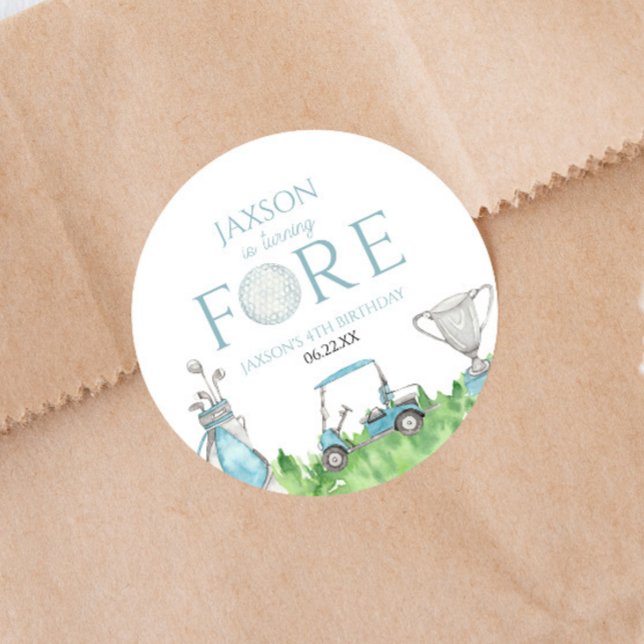 Turning Fore Blue Golf 4th Birthday Party Classic Round Sticker (Creator Uploaded)