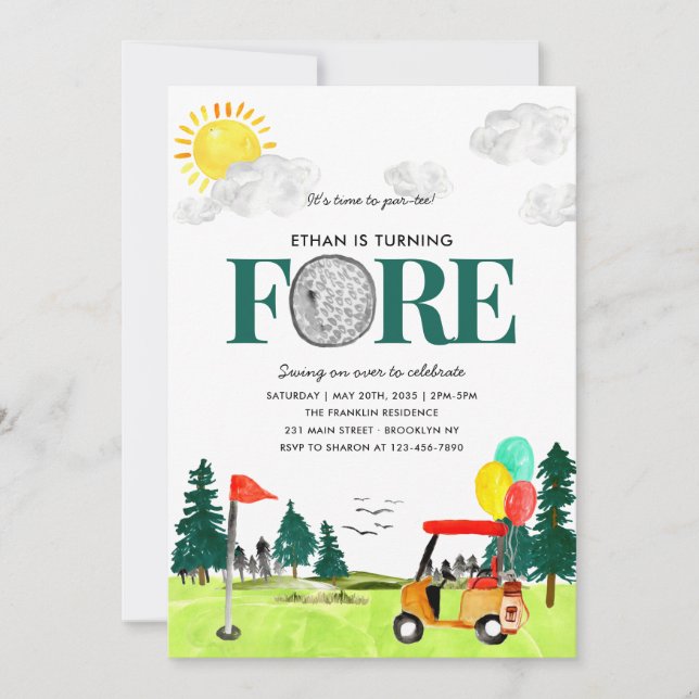 Turning FORE Golf Boy Golfing Par-tee 4th Birthday Invitation (Front)