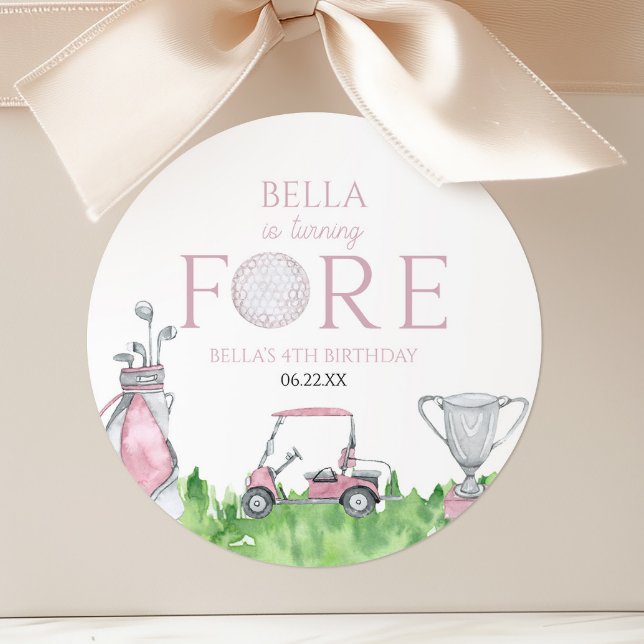 Turning Fore Pink Golf 4th Birthday Party Classic Round Sticker (Creator Uploaded)