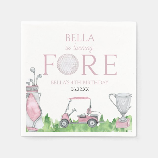 Turning Fore Pink Golf 4th Birthday Party Napkin (Front)