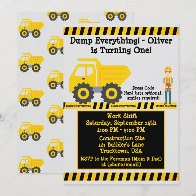 Turning One Birthday Yellow Truck Construction Invitation (Front/Back)
