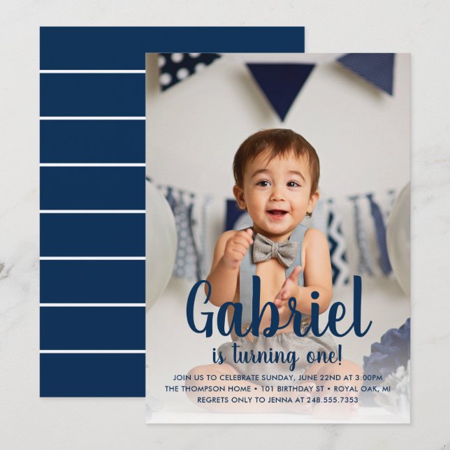 Turning One Navy Boys Birthday Photo Portrait Invitation (Front/Back)