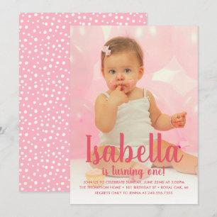 Turning One Pink Girls First Birthday Photo Invitation