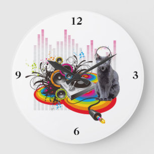 Turntable DJ Pumpin Music Cat Large Clock