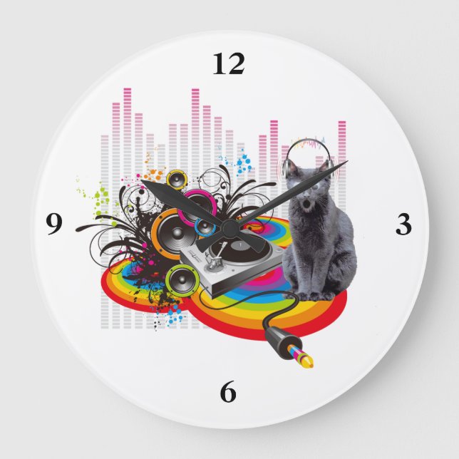 Turntable DJ Pumpin Music Cat Large Clock (Front)
