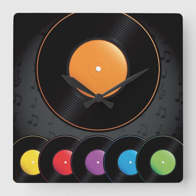 Turntable Records In Vivid Colours Square Wall Clock (Front)
