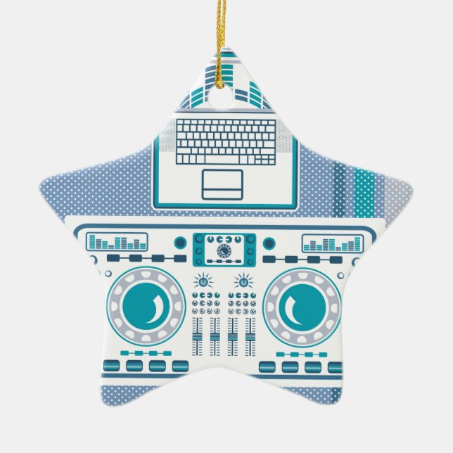 Turntable with Laptop DJ equipment Vector Ceramic Ornament (Front)