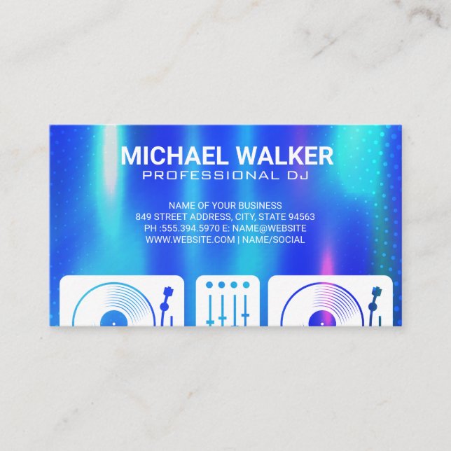 Turntables | DJ | Music | Blue Metallic Abstract Business Card (Front)