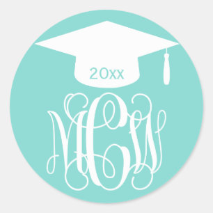 Turq Aqua Vine Script Monogram Graduation DIY BG Classic Round Sticker