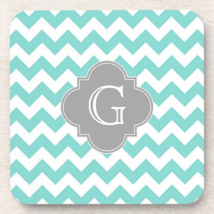 Turq / Aqua White Chevron Grey Quatrefoil Monogram Coaster