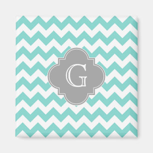Turq / Aqua White Chevron Grey Quatrefoil Monogram Magnet