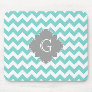 Turq / Aqua White Chevron Grey Quatrefoil Monogram Mouse Pad
