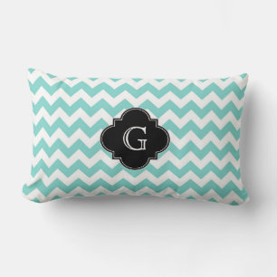 Turq / Aqua Wht Chevron Black Quatrefoil Monogram Lumbar Cushion
