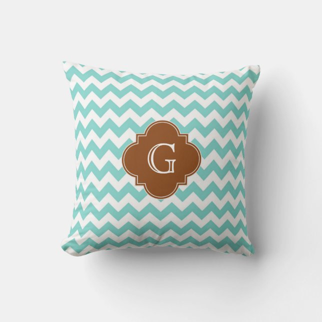 Turq / Aqua Wht Chevron Brown Quatrefoil Monogram Cushion (Front)