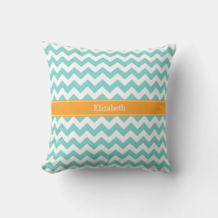 Turq / Aqua Wht Chevron Cantaloupe Name Monogram Cushion