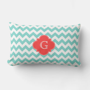 Turq / Aqua Wht Chevron Coral Quatrefoil Monogram Lumbar Cushion