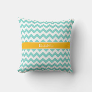 Turq / Aqua Wht Chevron Goldenrod Name Monogram Cushion