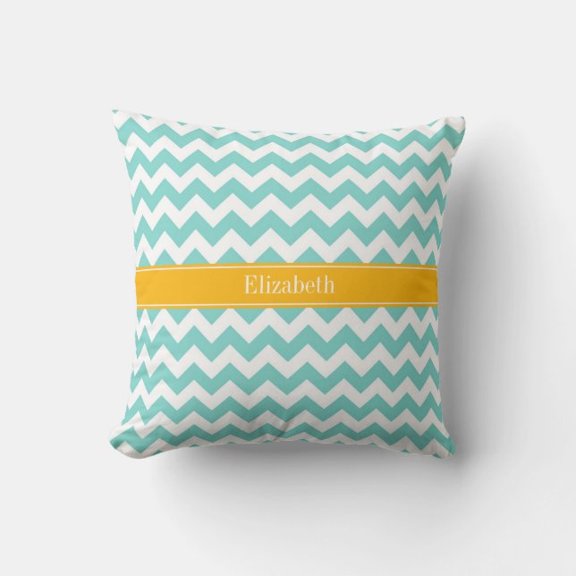 Turq / Aqua Wht Chevron Goldenrod Name Monogram Cushion (Front)