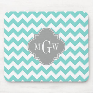 Turq / Aqua Wht Chevron Grey 3 Initial Monogram Mouse Pad