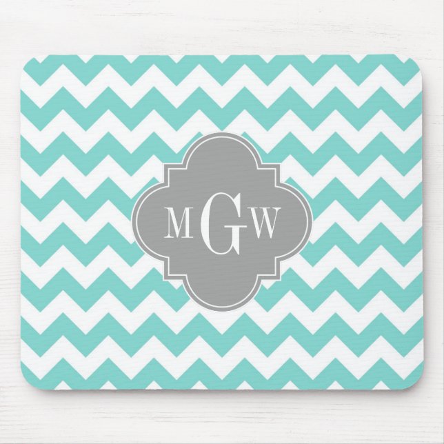 Turq / Aqua Wht Chevron Grey 3 Initial Monogram Mouse Pad (Front)
