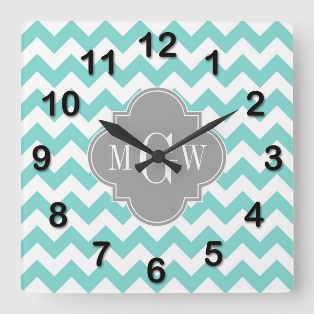 Turq / Aqua Wht Chevron Grey 3 Initial Monogram Square Wall Clock (Front)