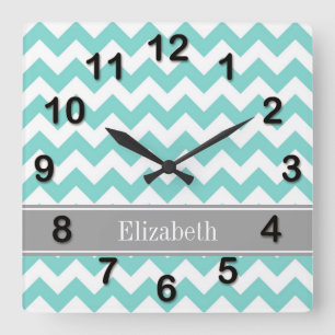 Turq / Aqua Wht Chevron Grey Name Monogram Square Wall Clock