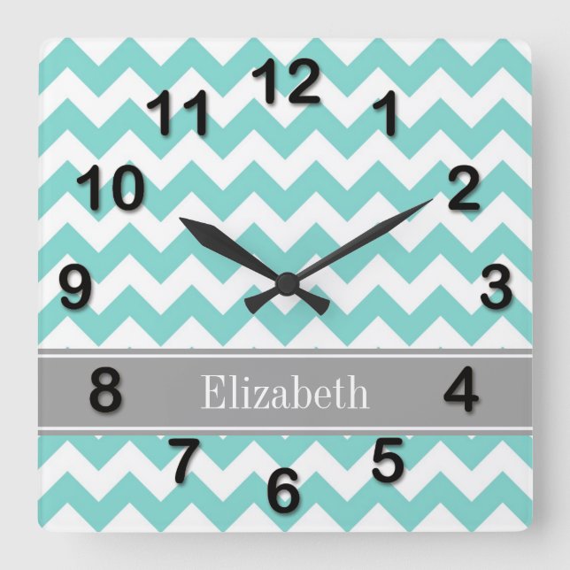 Turq / Aqua Wht Chevron Grey Name Monogram Square Wall Clock (Front)